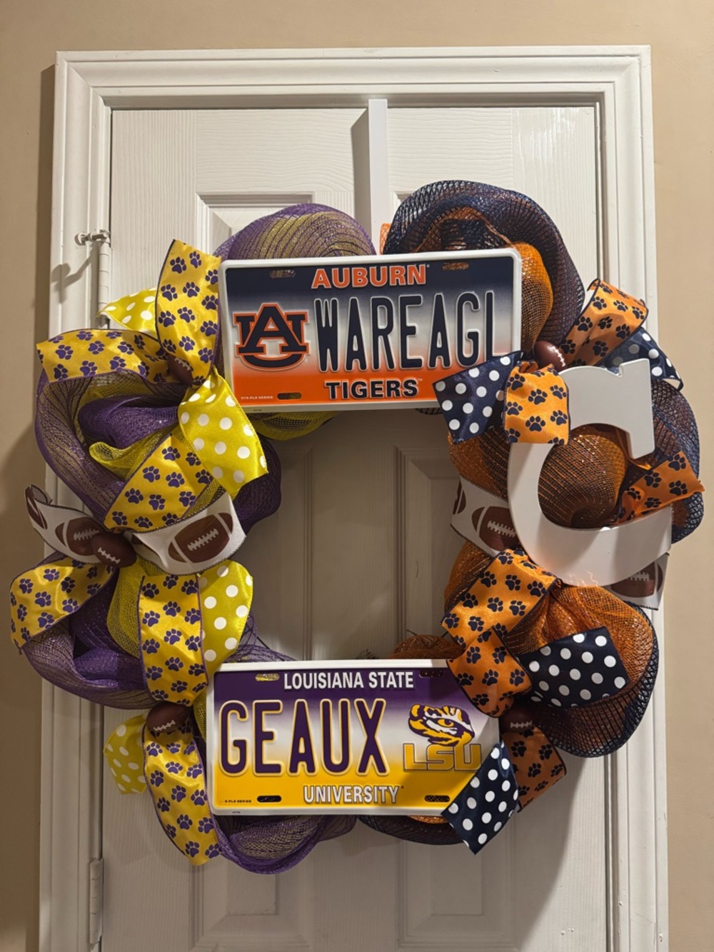 College Football Team Wreath - Auburn & LSU Colors